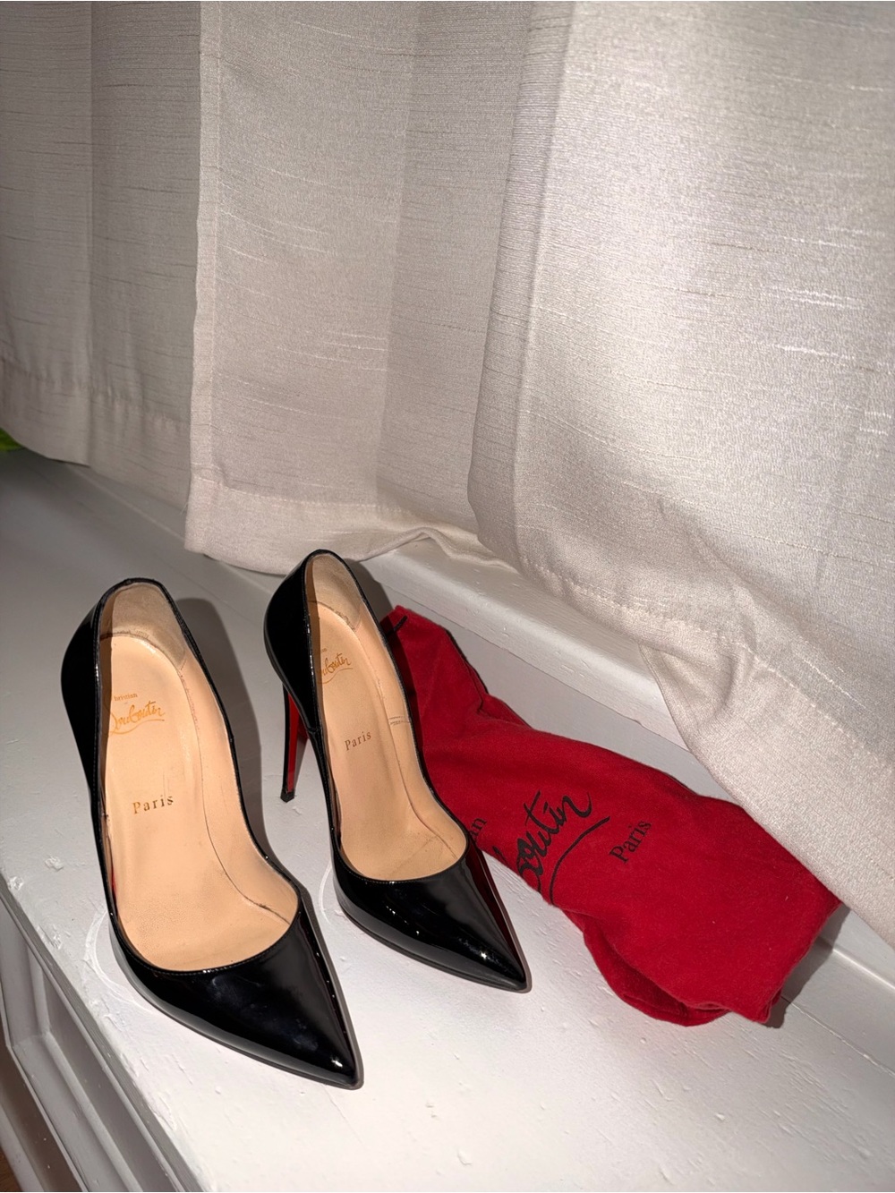 Christian Louboutin Black Patent Pointed Toe Stilettos with Red Soles